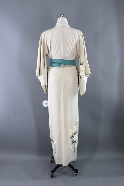 Vintage Ivory Grey Floral Silk Kimono Robe-ThisBlueBird - Modern Vintage