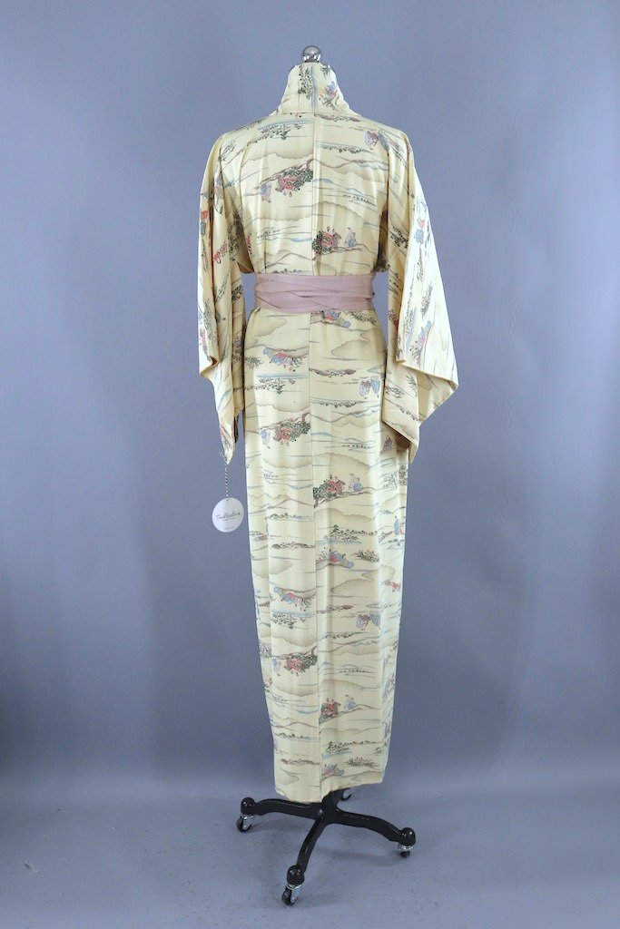 Vintage Ivory & Grey Landscape Silk Kimono Robe-ThisBlueBird - Modern Vintage