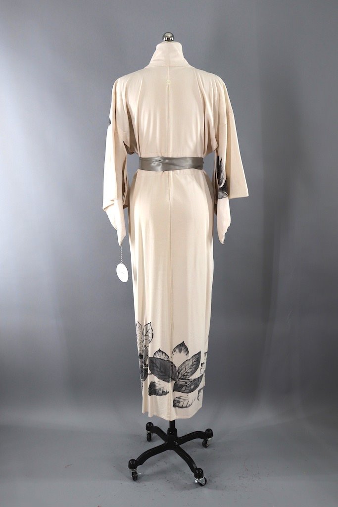 Vintage Ivory Hydrangea Silk Kimono Robe-ThisBlueBird - Modern Vintage
