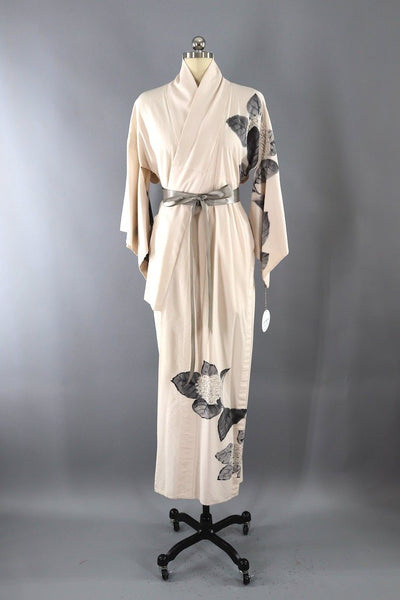 Vintage Ivory Hydrangea Silk Kimono Robe-ThisBlueBird - Modern Vintage