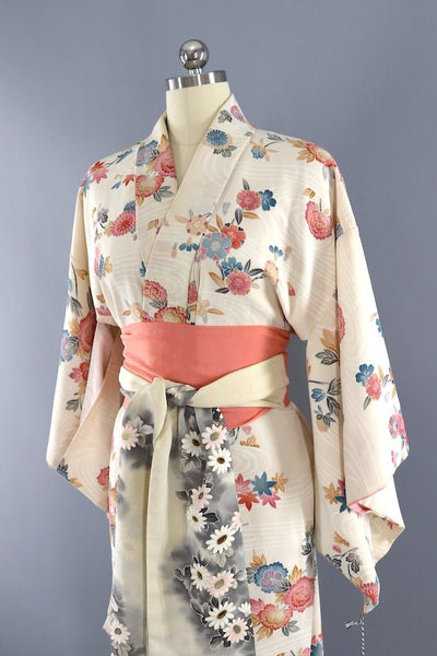 Vintage Ivory Maple Leaf Floral Silk Kimono Robe-ThisBlueBird - Modern Vintage