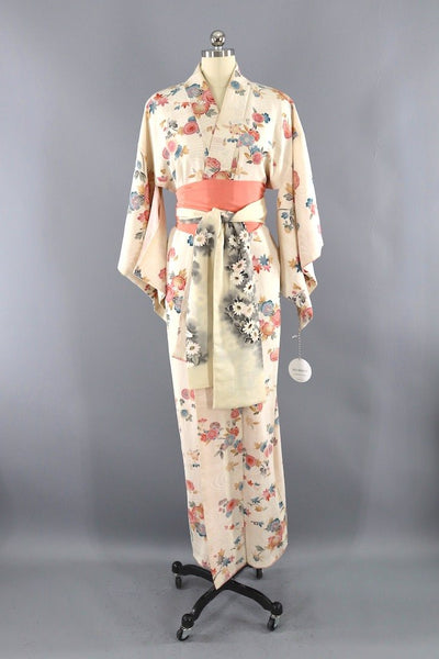 Vintage Ivory Maple Leaf Floral Silk Kimono Robe-ThisBlueBird - Modern Vintage