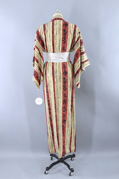 Vintage Ivory & Maroon Silk Kimono Robe-ThisBlueBird - Modern Vintage