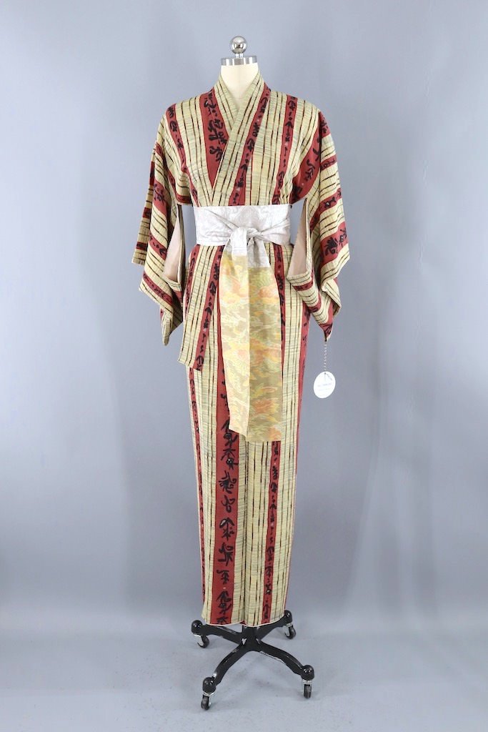Vintage Ivory & Maroon Silk Kimono Robe-ThisBlueBird - Modern Vintage