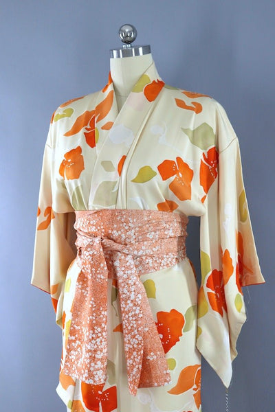 Vintage Ivory & Orange Floral Print Kimono Robe-ThisBlueBird