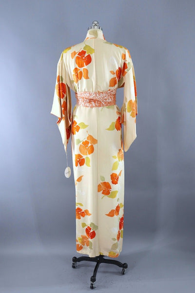 Vintage Ivory & Orange Floral Print Kimono Robe-ThisBlueBird