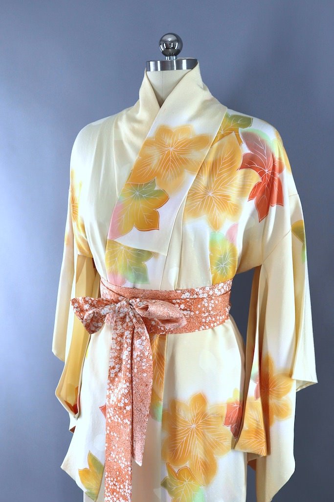 Vintage Ivory Orange Maple Leaf Silk Kimono Robe-ThisBlueBird - Modern Vintage
