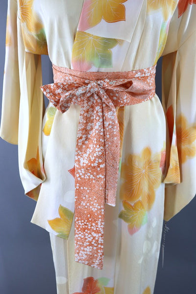 Vintage Ivory Orange Maple Leaf Silk Kimono Robe-ThisBlueBird - Modern Vintage