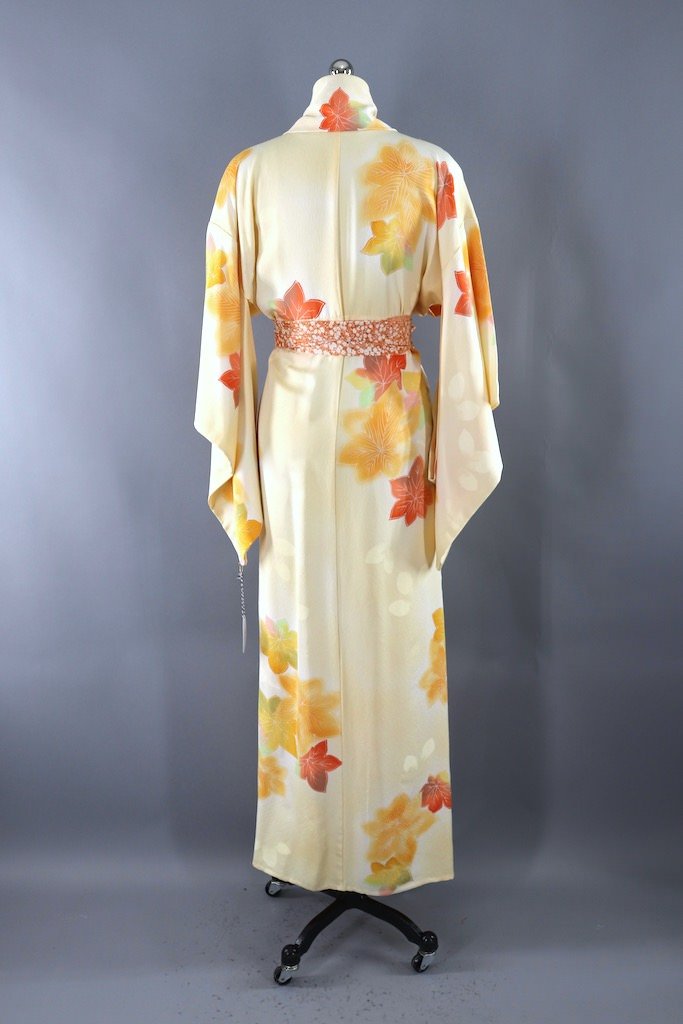 Vintage Ivory Orange Maple Leaf Silk Kimono Robe-ThisBlueBird - Modern Vintage