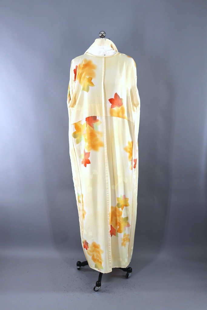 Vintage Ivory Orange Maple Leaf Silk Kimono Robe-ThisBlueBird - Modern Vintage