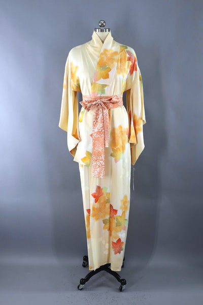 Vintage Ivory Orange Maple Leaf Silk Kimono Robe-ThisBlueBird - Modern Vintage