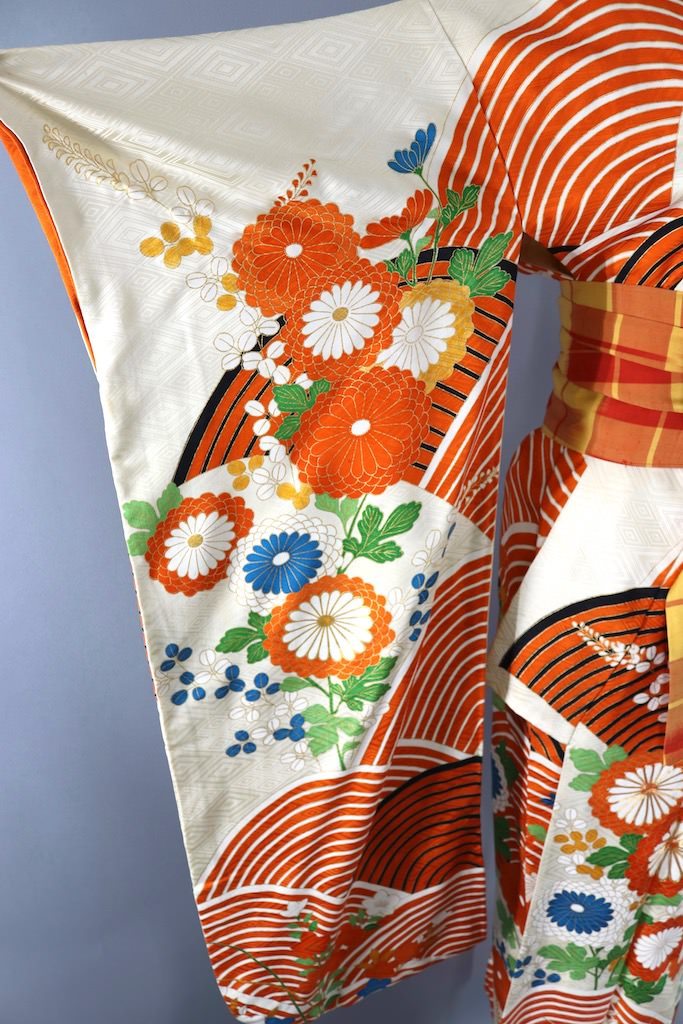 Vintage Ivory & Orange Silk Kimono Furisode-ThisBlueBird - Modern Vintage