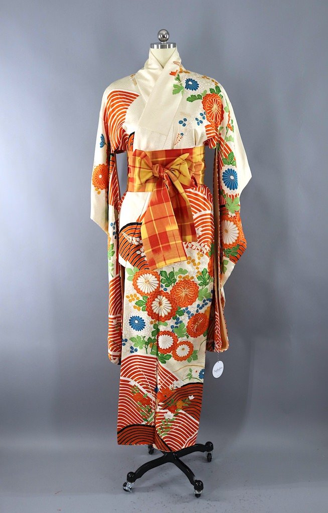 Vintage Ivory & Orange Silk Kimono Furisode-ThisBlueBird - Modern Vintage