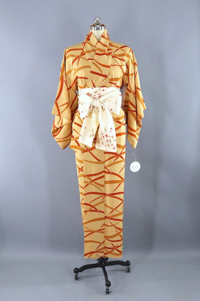 Vintage Ivory & Orange Silk Kimono Robe-ThisBlueBird - Modern Vintage