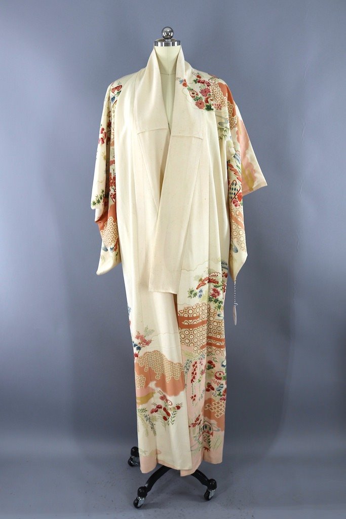 Vintage Ivory Peach Floral Kimono-ThisBlueBird - Modern Vintage