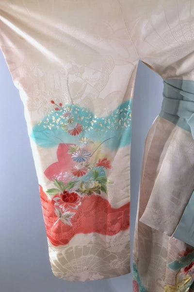 Vintage Ivory & Pink Embroidered Silk Kimono Robe-ThisBlueBird - Modern Vintage