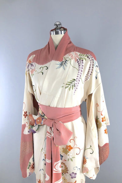 Vintage Ivory & Pink Floral Silk Kimono Robe-ThisBlueBird - Modern Vintage