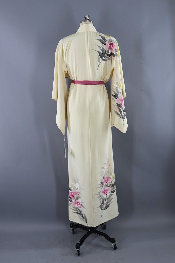Vintage Ivory Pink Floral Silk Kimono Robe-ThisBlueBird - Modern Vintage