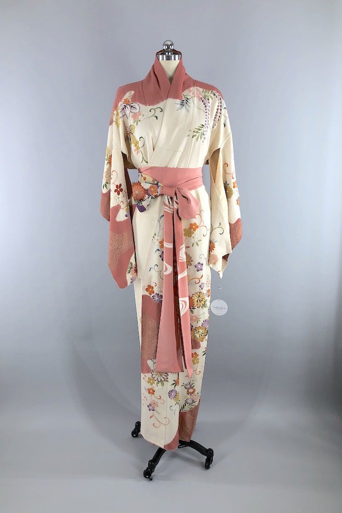 Vintage Ivory & Pink Floral Silk Kimono Robe-ThisBlueBird - Modern Vintage