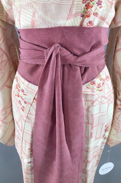 Vintage Ivory & Pink Geometric Floral Silk Kimono Robe-ThisBlueBird - Modern Vintage