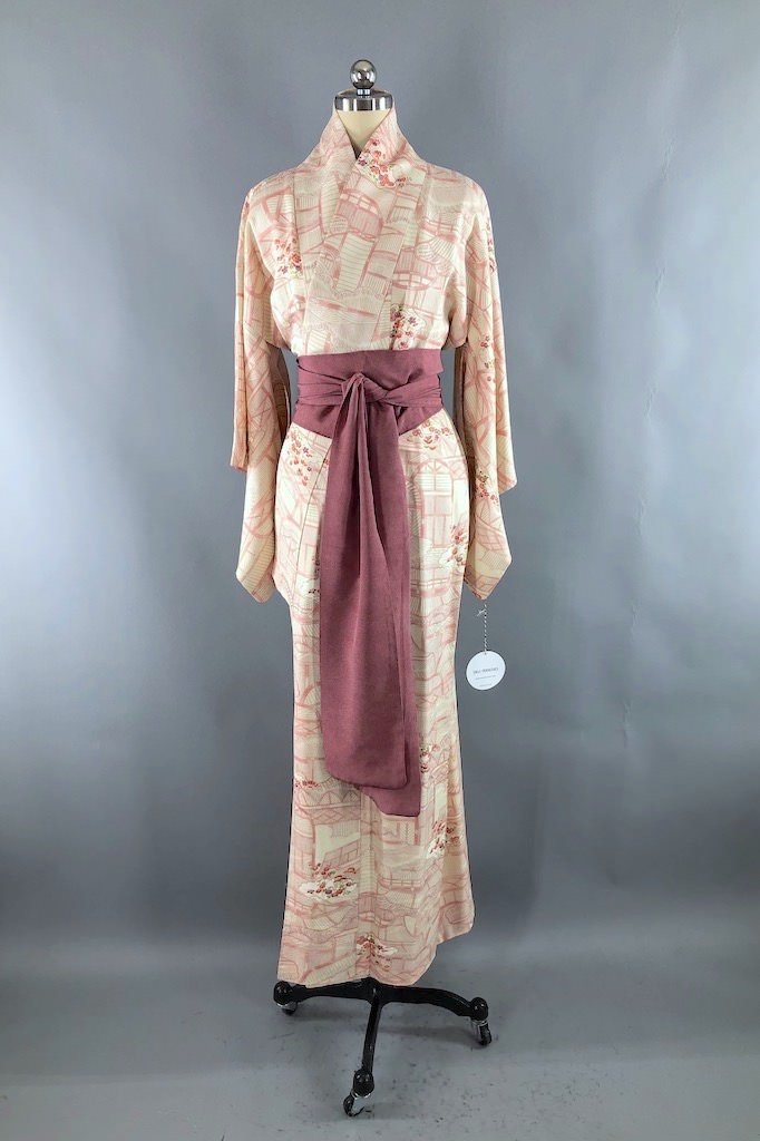 Vintage Ivory & Pink Geometric Floral Silk Kimono Robe-ThisBlueBird - Modern Vintage
