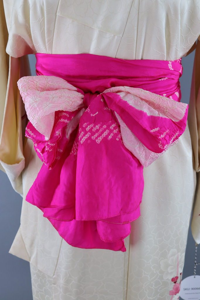 Vintage Ivory & Pink Shibori Floral Silk Kimono Robe-ThisBlueBird - Modern Vintage
