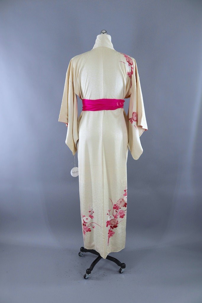 Vintage Ivory & Pink Shibori Floral Silk Kimono Robe-ThisBlueBird - Modern Vintage