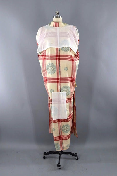 Vintage Ivory Plaid Ikat Silk Kimono Robe-ThisBlueBird - Modern Vintage