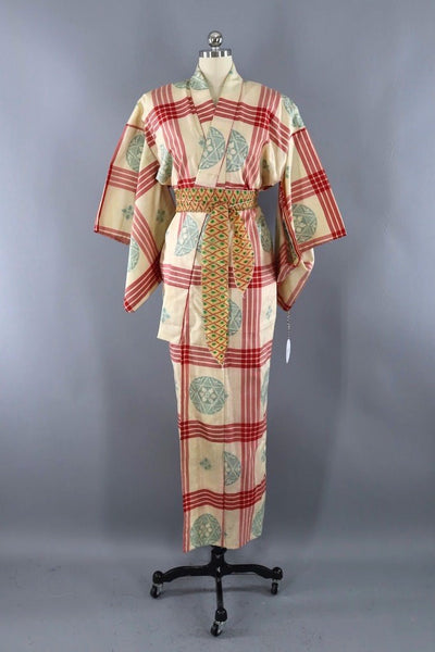 Vintage Ivory Plaid Ikat Silk Kimono Robe-ThisBlueBird - Modern Vintage