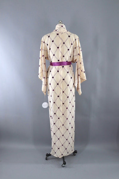 Vintage Ivory & Purple Summer Silk Kimono Robe-ThisBlueBird - Modern Vintage