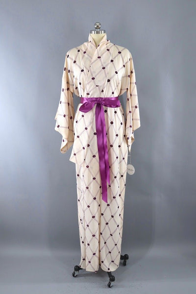 Vintage Ivory & Purple Summer Silk Kimono Robe-ThisBlueBird - Modern Vintage