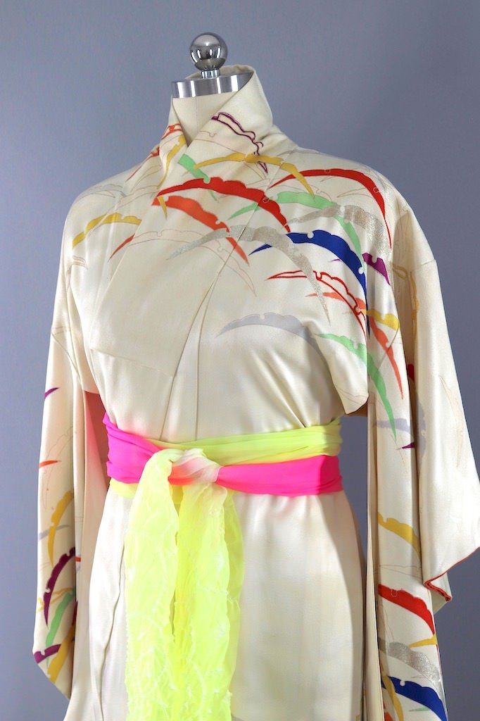 Vintage Ivory Rainbow Silk Kimono Robe-ThisBlueBird - Modern Vintage