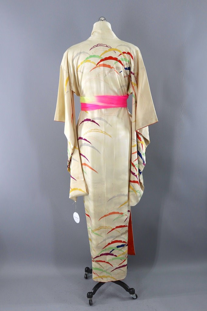 Vintage Ivory Rainbow Silk Kimono Robe-ThisBlueBird - Modern Vintage