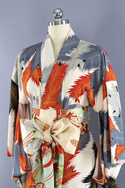 Vintage Ivory Red Leaves Silk Kimono ThisBlueBird