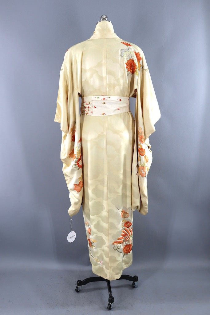 Vintage Ivory Silk Embroidered Kimono Robe-ThisBlueBird - Modern Vintage