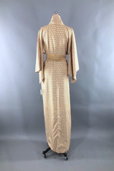 Vintage Ivory Tan Geometric Silk Kimono Robe-ThisBlueBird - Modern Vintage