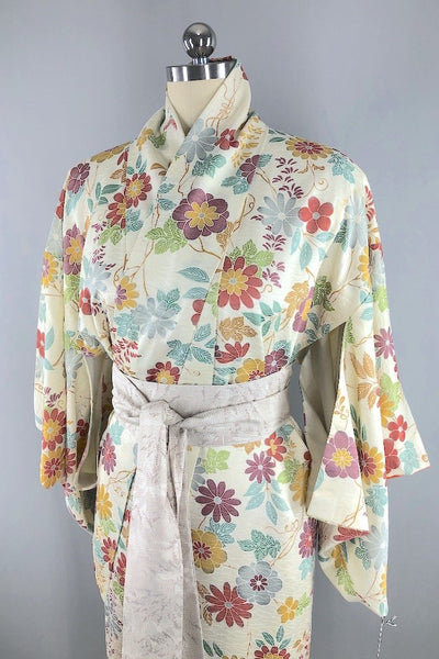 Vintage Ivory Terracotta Floral Silk Kimono Robe-ThisBlueBird - Modern Vintage