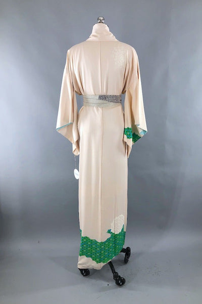 Vintage Ivory Turquoise Silk Crepe Kimono Robe-ThisBlueBird