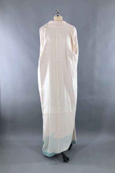 Vintage Ivory Turquoise Silk Crepe Kimono Robe-ThisBlueBird