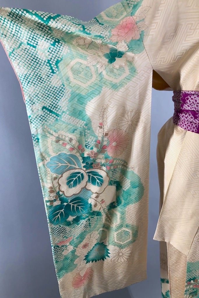 Vintage Ivory Turquoise Silk Kimono Robe-ThisBlueBird - Modern Vintage
