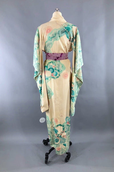 Vintage Ivory Turquoise Silk Kimono Robe-ThisBlueBird - Modern Vintage