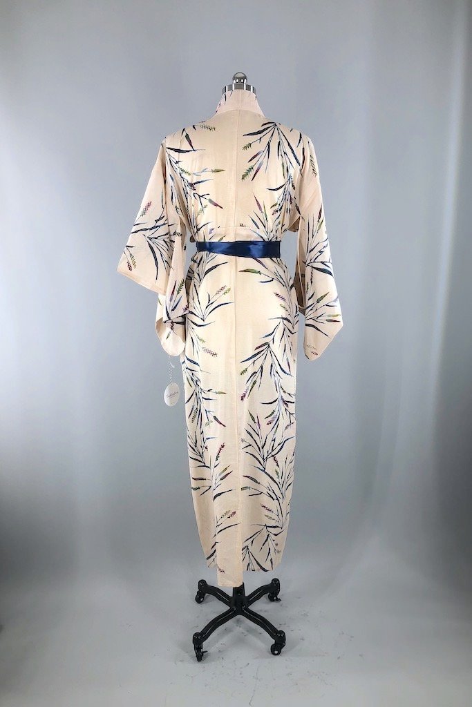 Vintage Ivory Watercolor Summer Silk Kimono Robe-ThisBlueBird - Modern Vintage