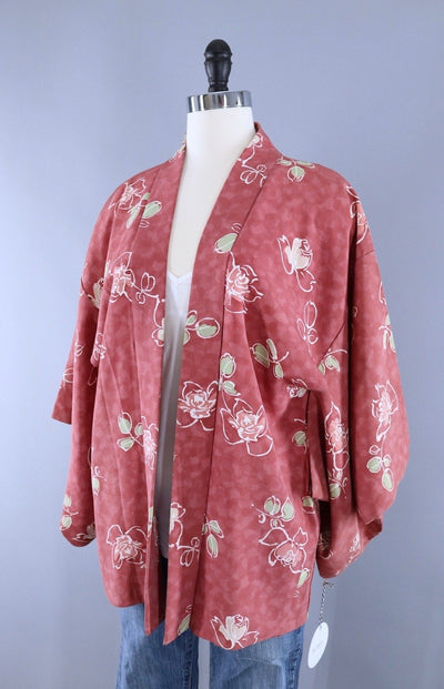 Vintage Kimono Cardigan / Dusty Pink Roses Floral Print - ThisBlueBird