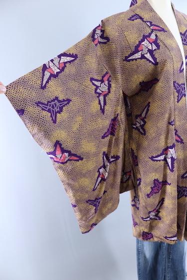 Vintage Kimono Cardigan Jacket / Purple & Gold Shibori Origami Cranes - ThisBlueBird