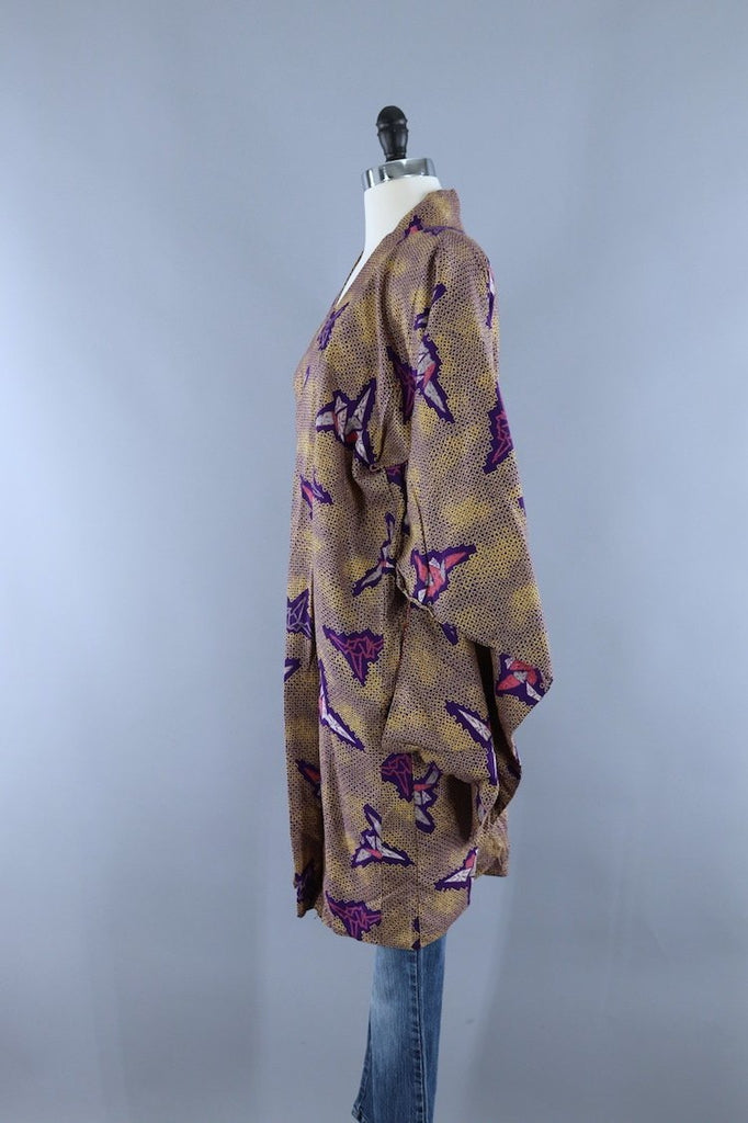 Vintage Kimono Cardigan Jacket / Purple & Gold Shibori Origami Cranes - ThisBlueBird