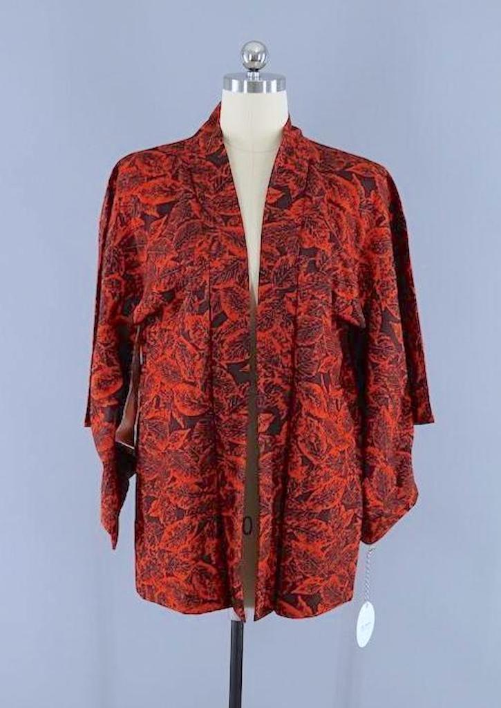 Vintage Red Leaves Kimono Cardigan-ThisBlueBird