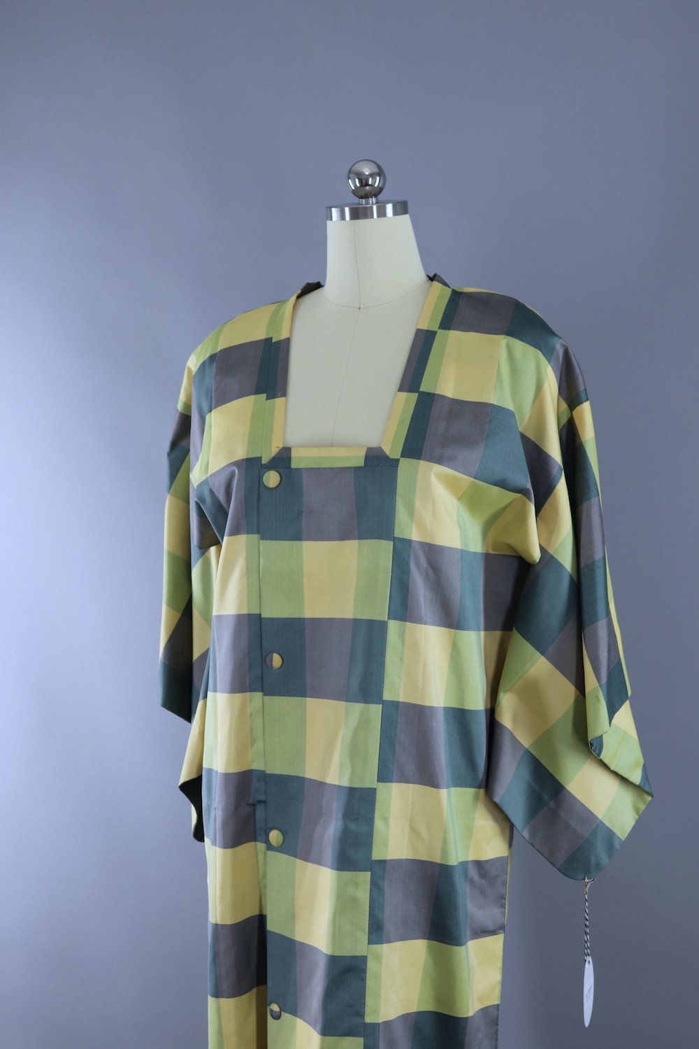 Vintage Kimono Coat / Yellow & Grey Plaid Michiyuki - ThisBlueBird