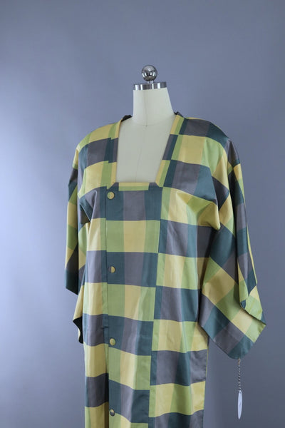 Vintage Kimono Coat / Yellow & Grey Plaid Michiyuki - ThisBlueBird