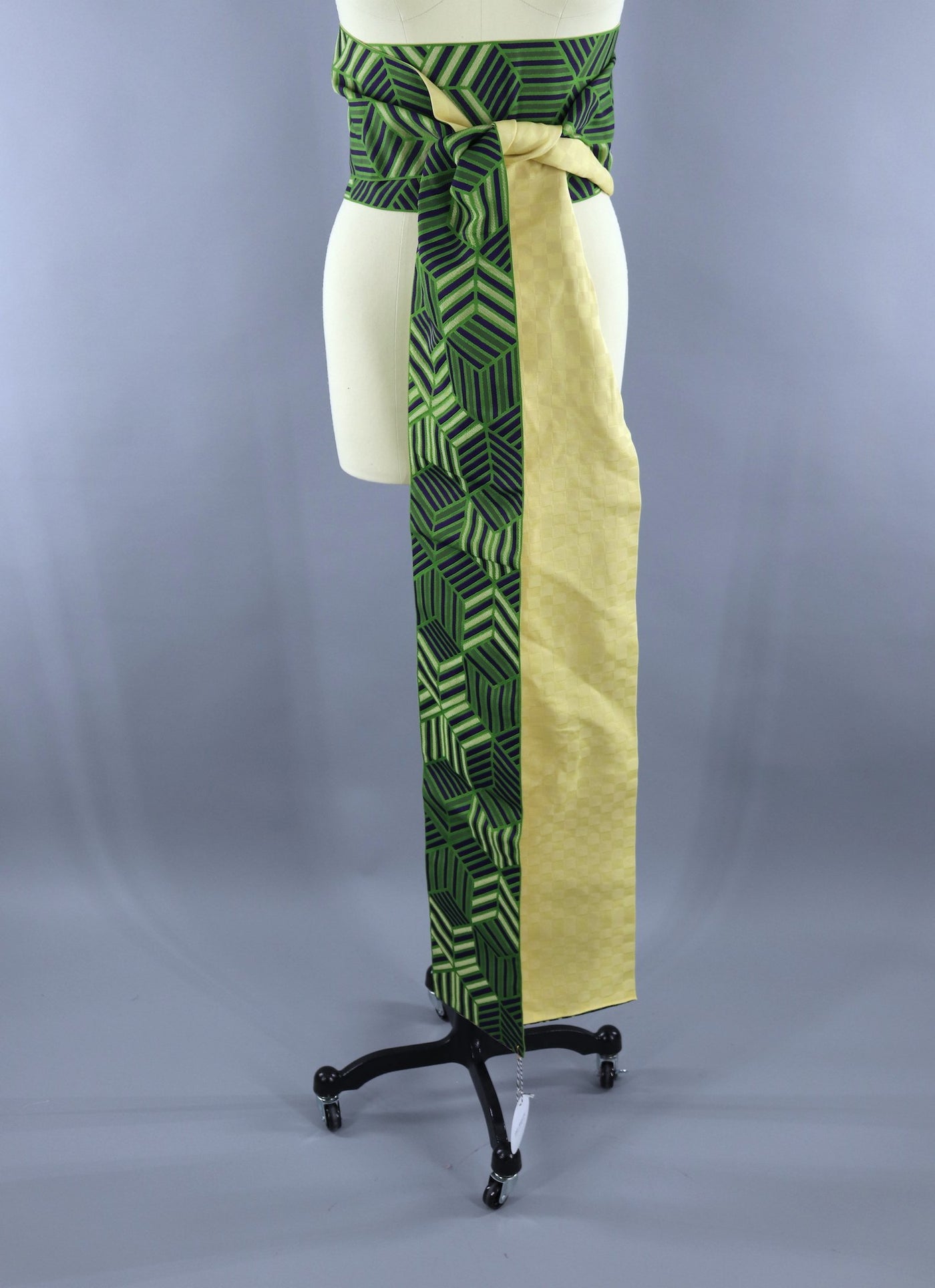 Vintage Kimono Hanhaba Obi Belt Sash / Green & Yellow Geometric - ThisBlueBird
