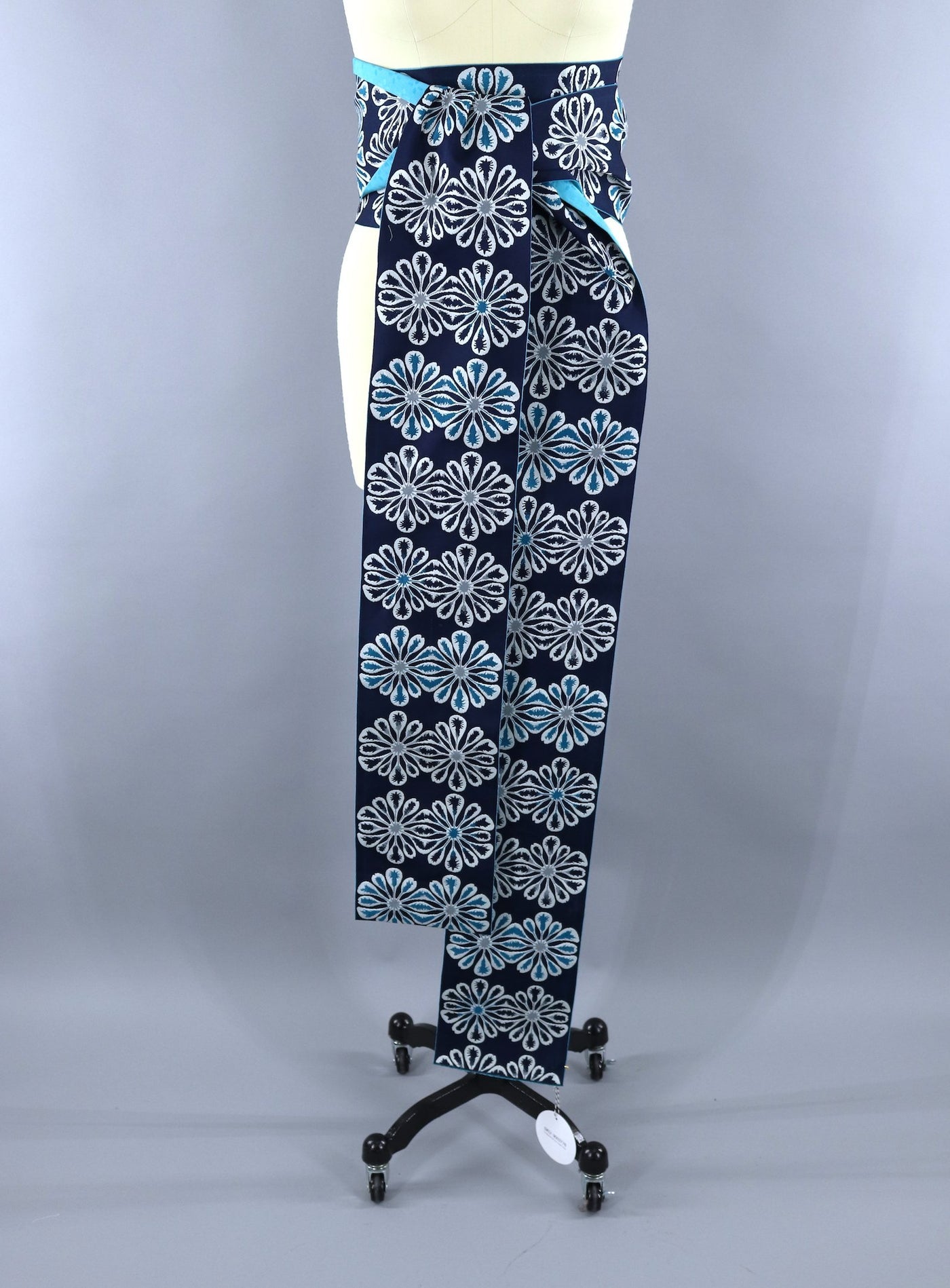 Vintage Kimono Hanhaba Obi Sash / Navy Blue & Aqua Floral - ThisBlueBird